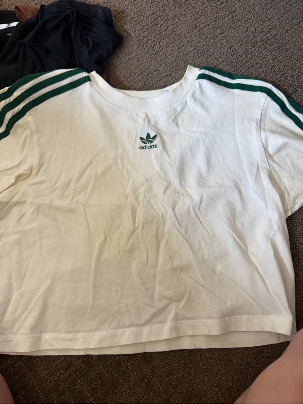 adidas White Crop Top with Green Shoulder Stripes